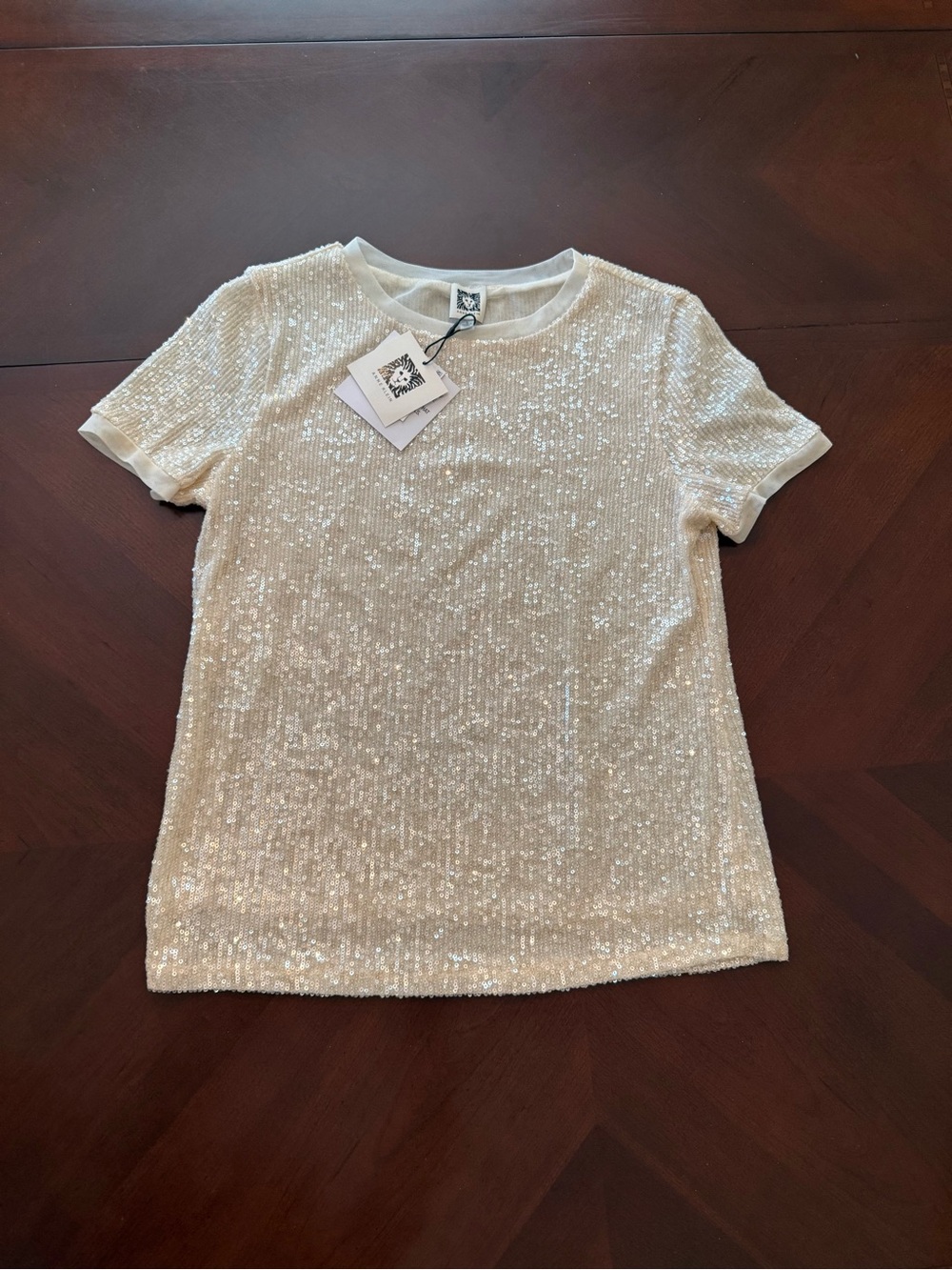 NWT Anne Klein Sequin Top Small Soft Latte Short Sleeve Party Holiday